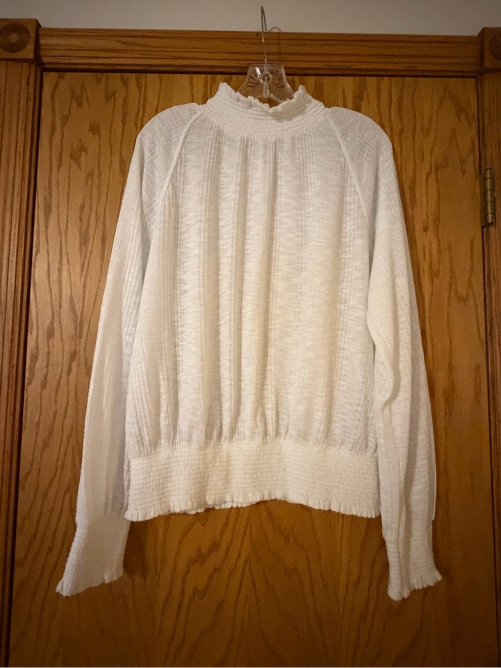 Free People Cream Smocked Mock Neck Pullover